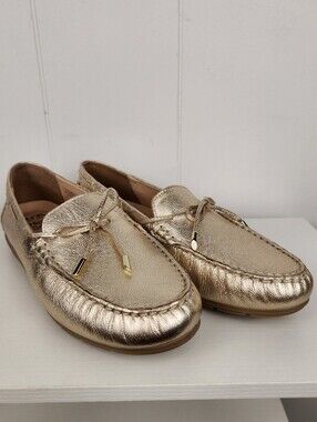 Ara High Soft Driving Moccasin Womens US 7 Gold Metallic Comfort Flexible Shiny
